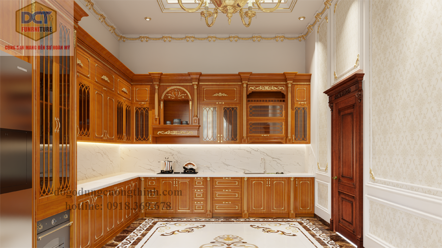 tủ bếp tân cổ điển đẹp gỗ gõ đỏ TB53