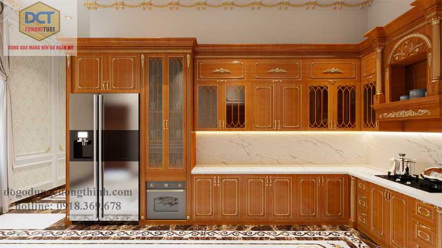 Tủ bếp dát vàng tạo điểm nhấn