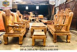 Bộ bàn ghế gỗ Gõ đỏ tay 14 chạm Nghê PD117GD