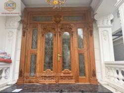 Bộ cửa mặt tiền 4 cánh tân cổ điển gỗ gõ đỏ CC63GD