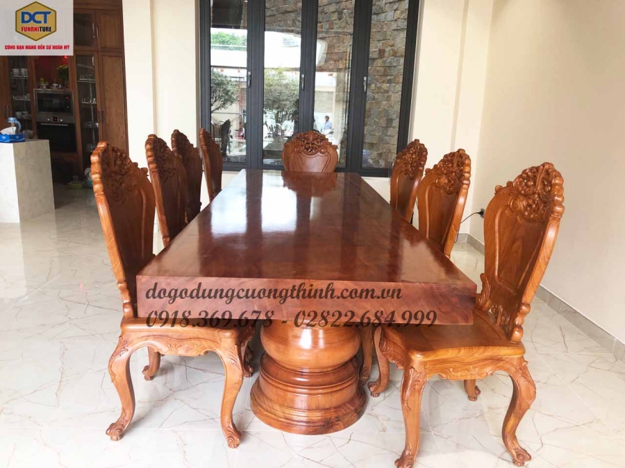 bàn ghế ăn tân cổ điển nguyên tấm gỗ gõ đỏ